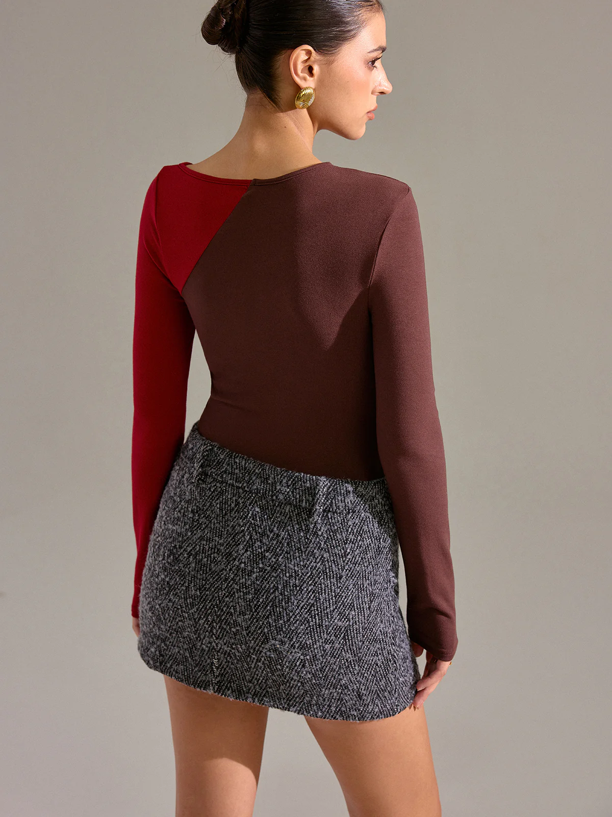 Asymmetric Two-Tone Cut-Out Long Sleeve Blouse - Wholesalesil