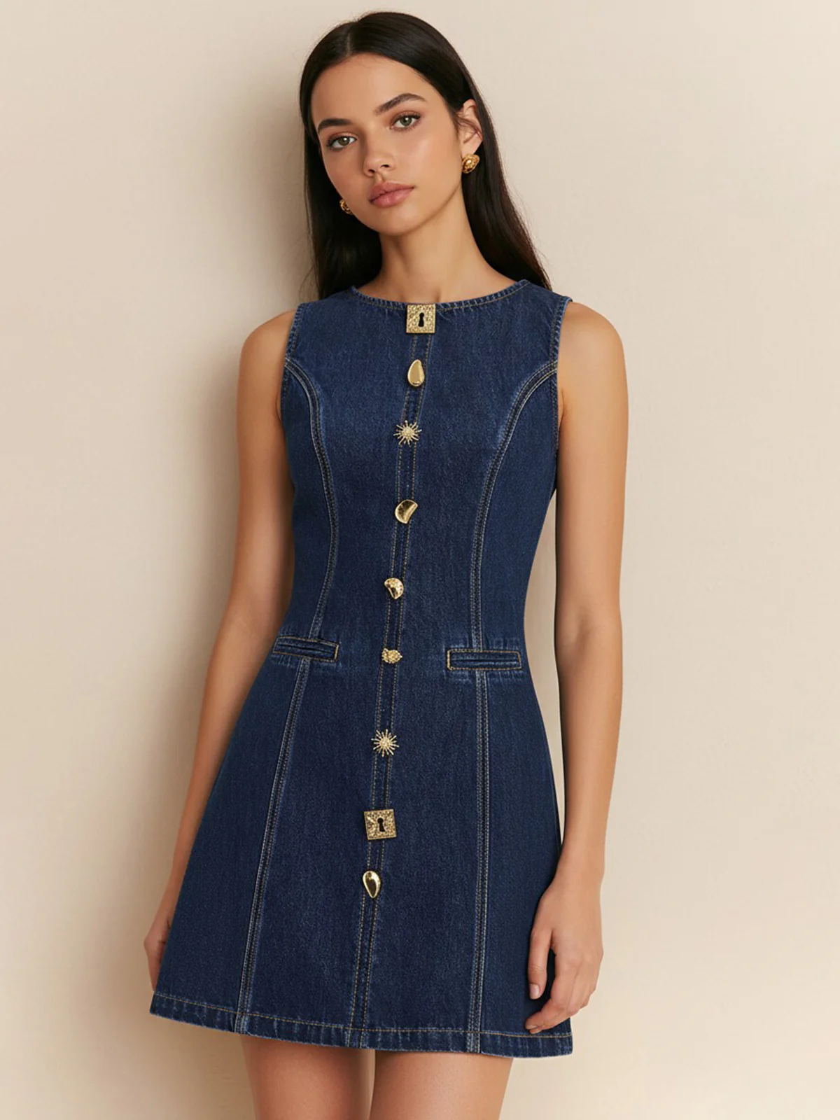 Metal Detail Denim Sleeveless Mini Dress - Wholesalesil