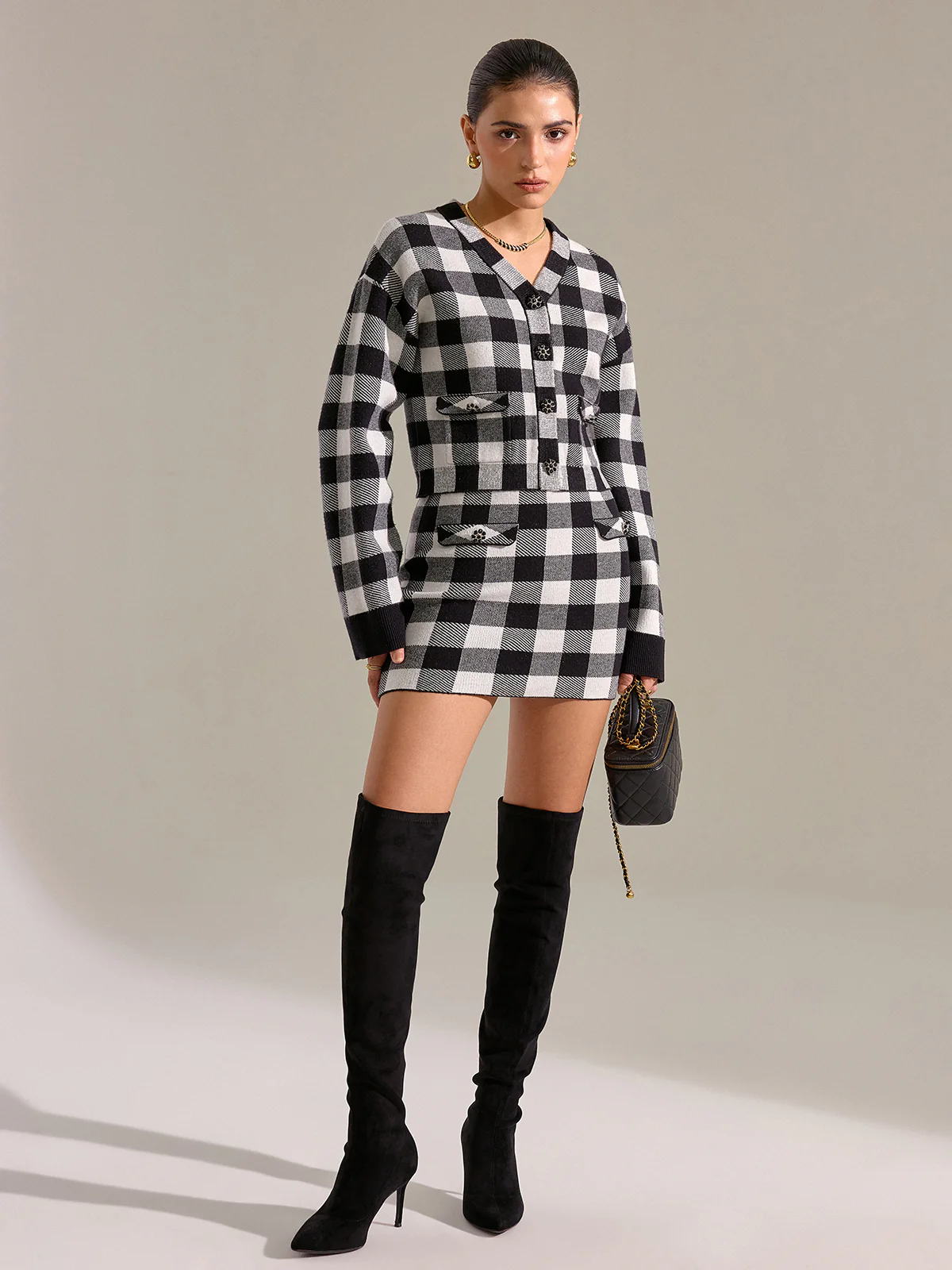 Checkered Wool Blend Mini Skirt - Wholesalesil
