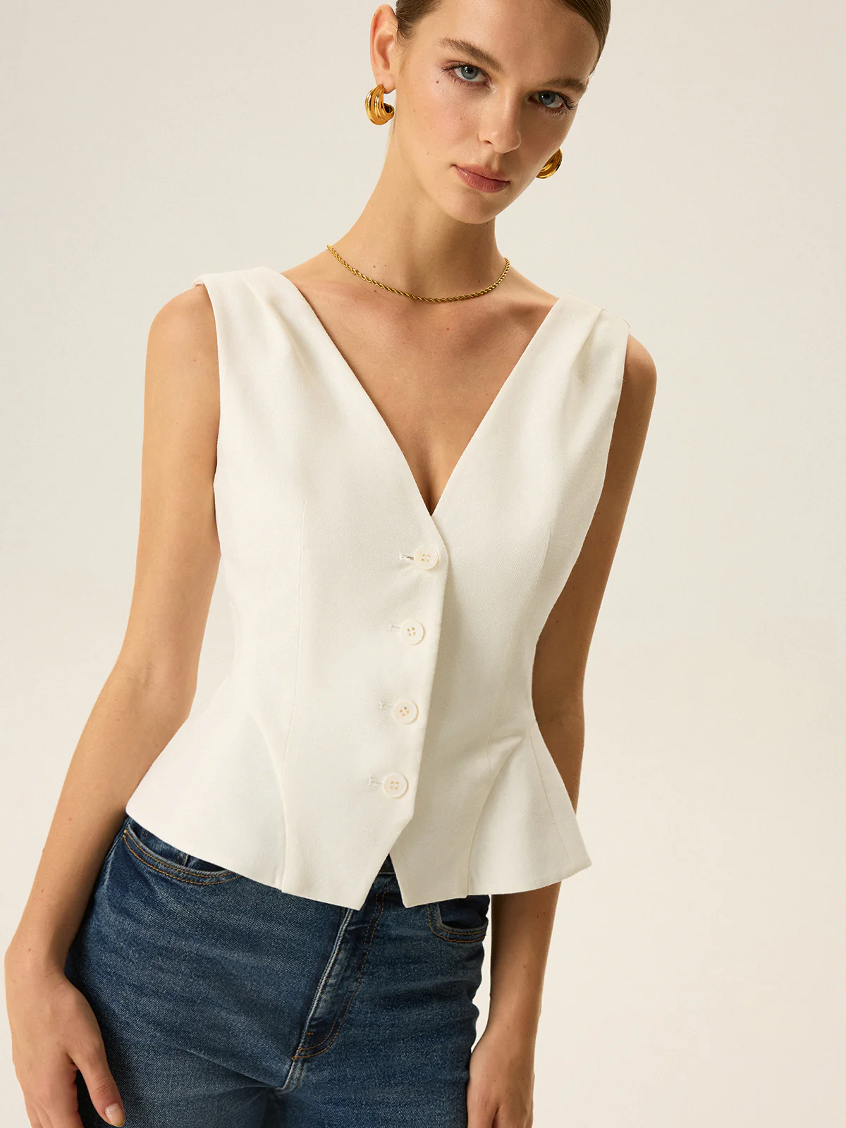 Button-Front Peplum Vest - Wholesalesil