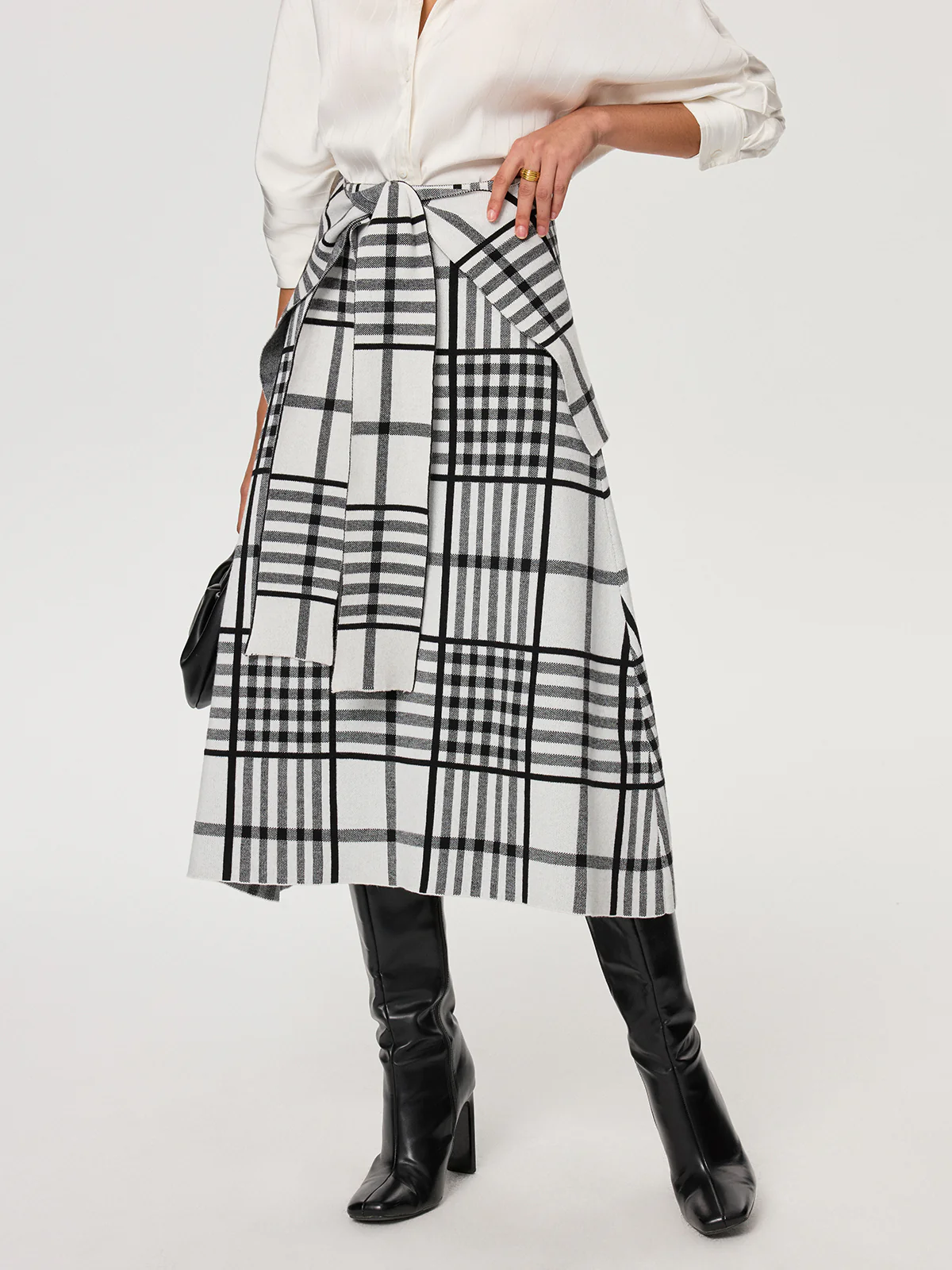 Plaid Wool Blend Midi Skirt with Apron Belt - Wholesalesil
