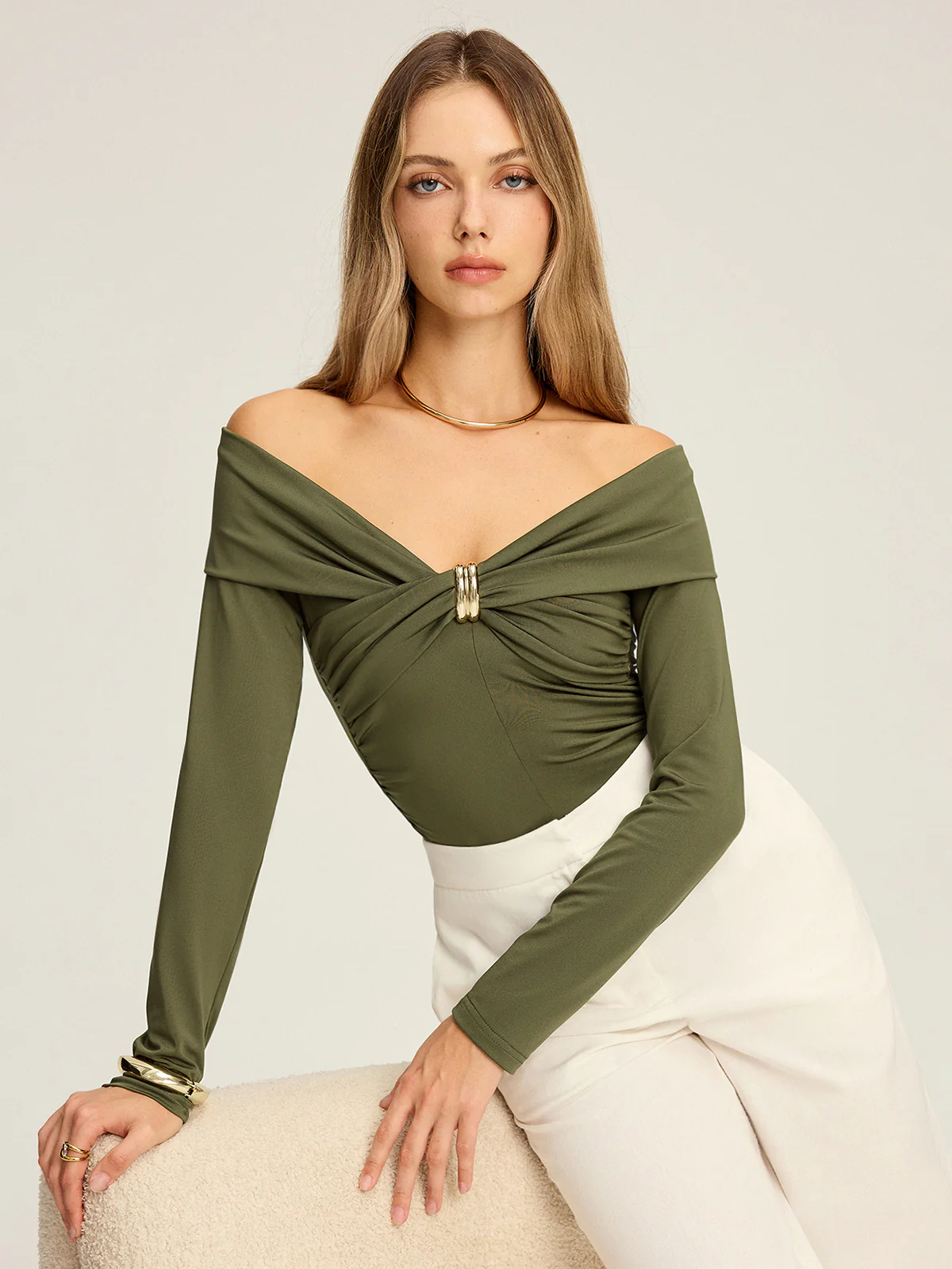 Metal Detail Off-Shoulder Long Sleeve Blouse - Wholesalesil