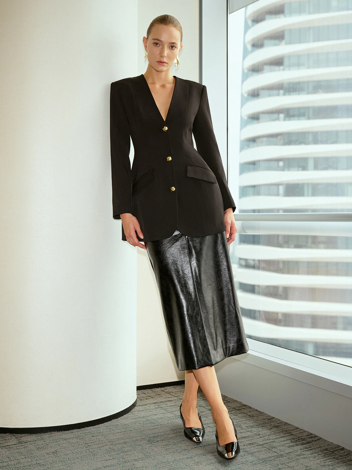 V-Neck Metal Button Blazer - Wholesalesil