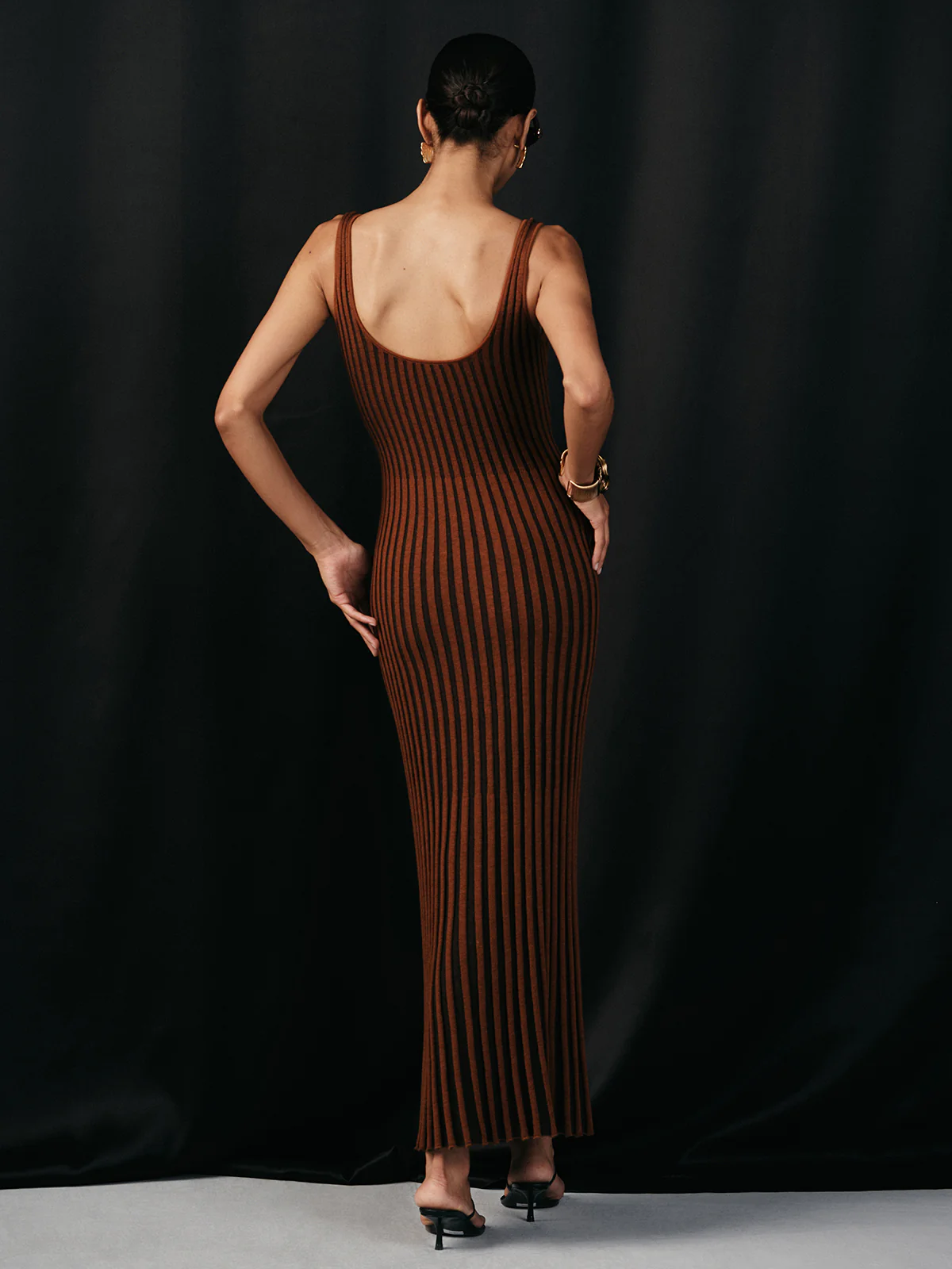 Wool Blend Striped Knit V-Neck Midi Dress - Wholesalesil