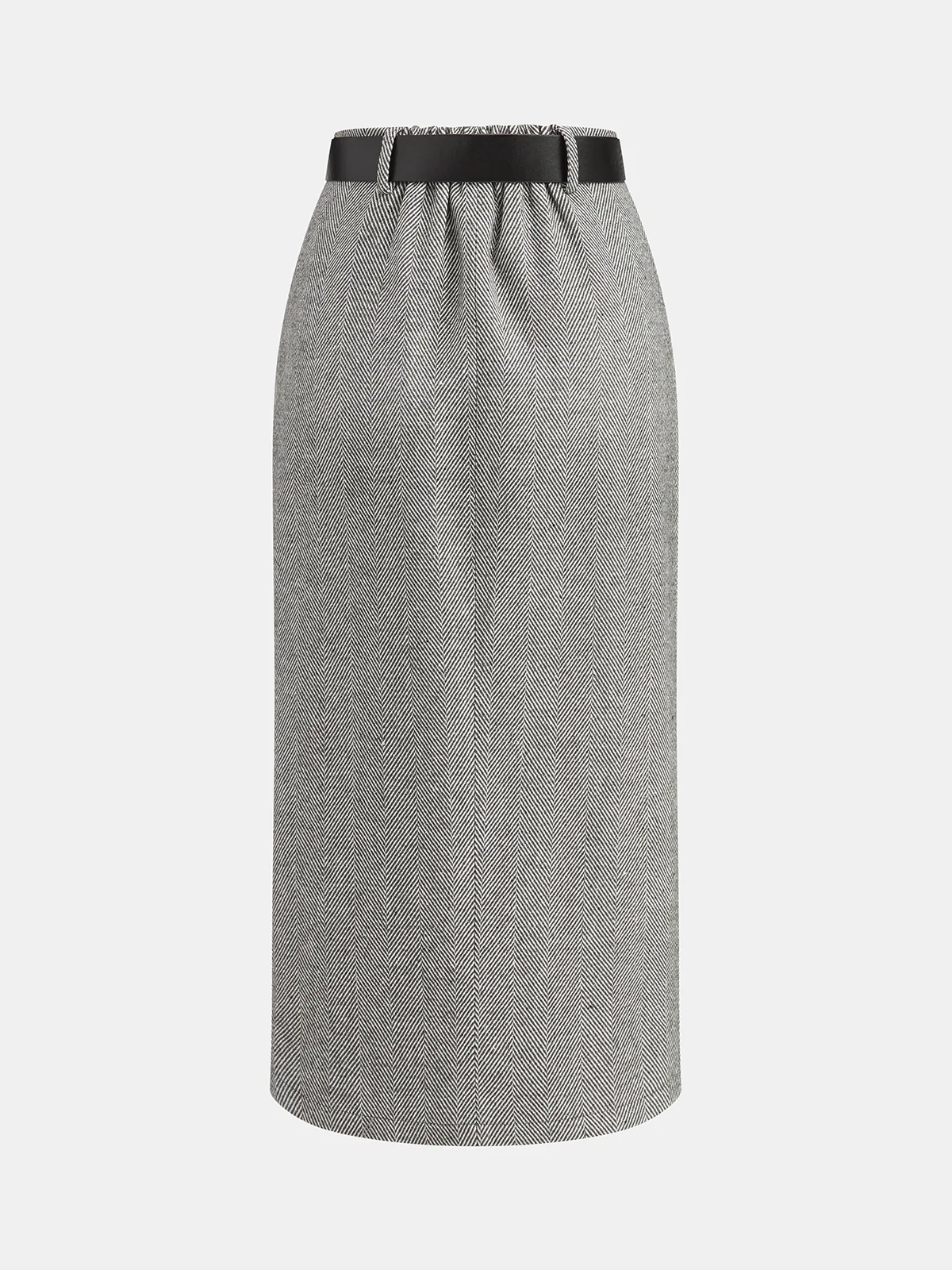 Belted Herringbone Slit Midi Skirt - Wholesalesil