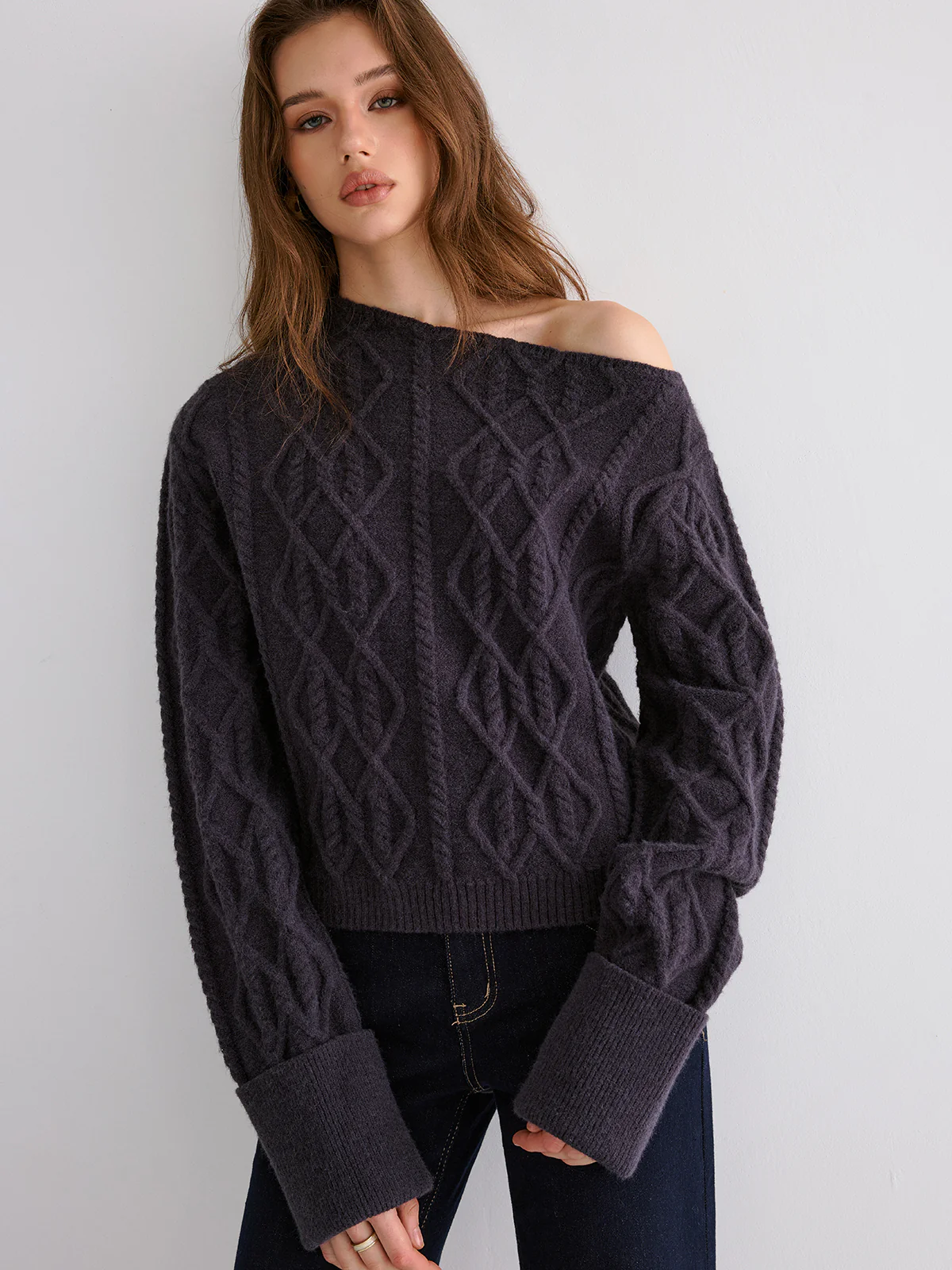 Cable Knit Off-shoulder Sweater - Wholesalesil
