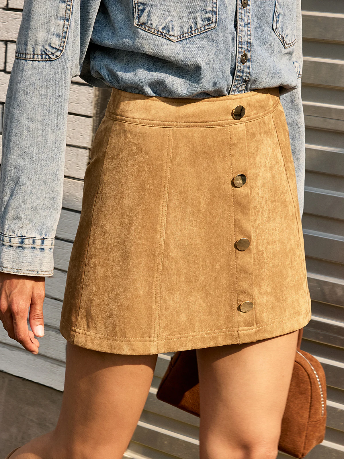 Decor Button Suede Effect Mini Skirt - Wholesalesil