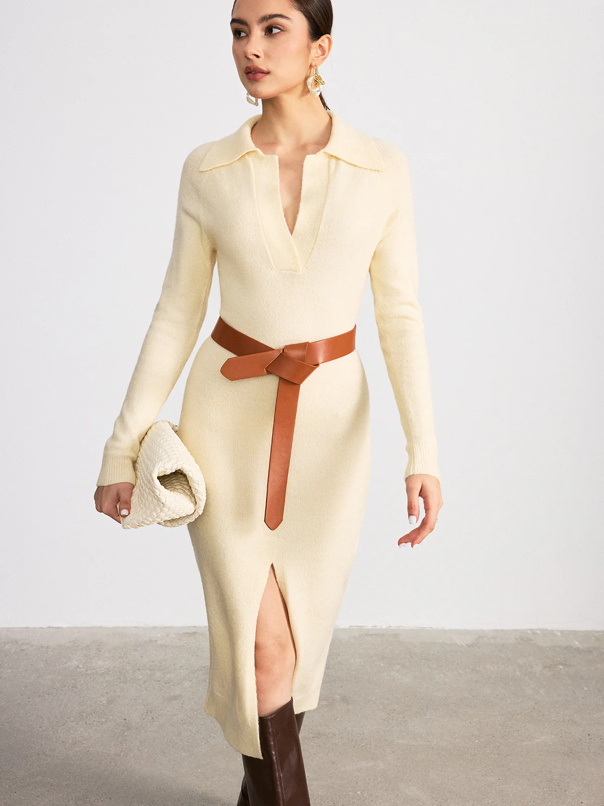 Collared Split-Hem Belted Knit Midi Dress - Wholesalesil