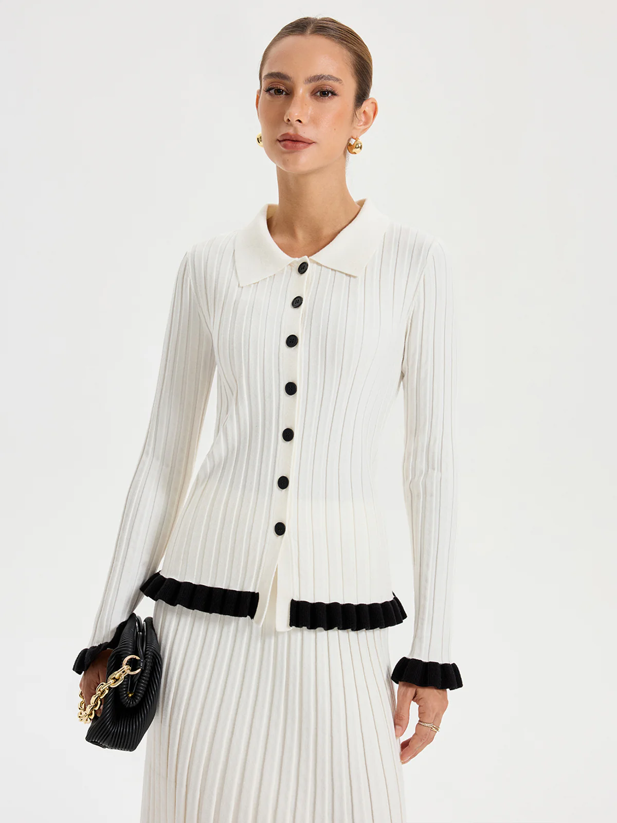Rib-knit Cardigan with Contrasting Ruffles - Wholesalesil