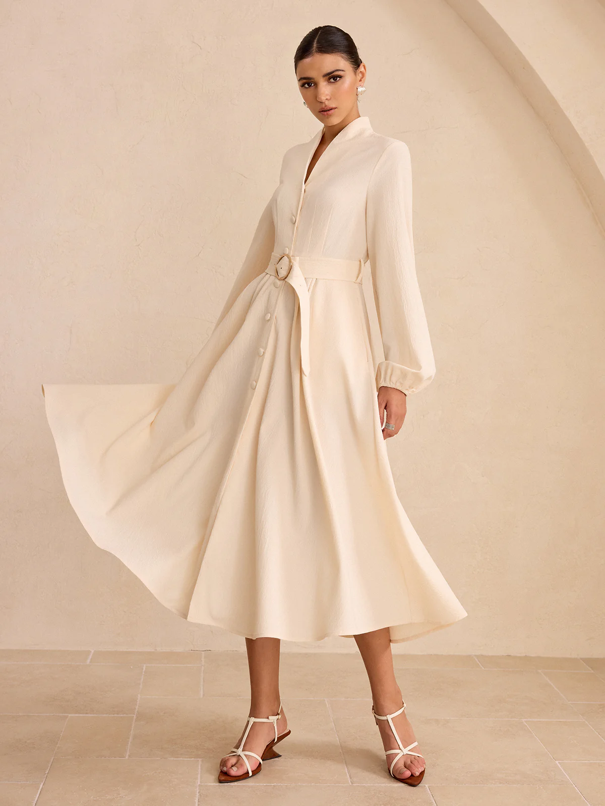 Belted Button-Front Long-Sleeve Midi Dress - Wholesalesil