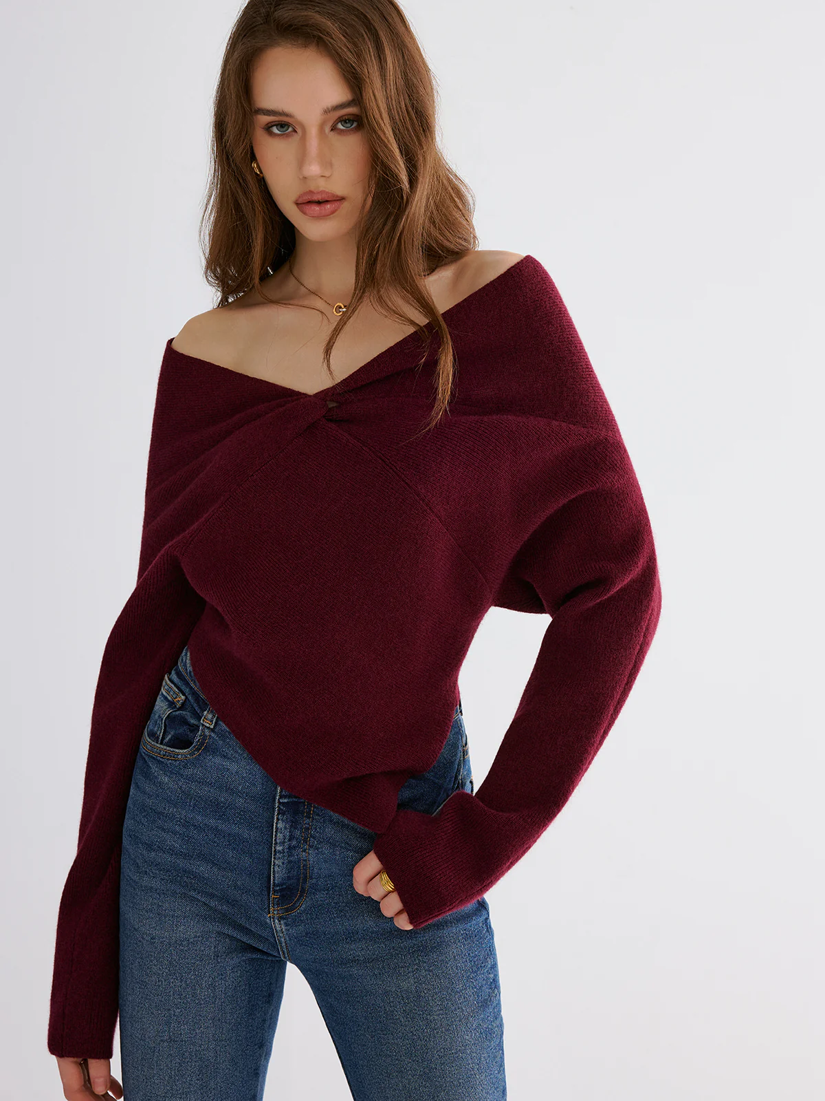 Off-Shoulder Twisted Knit Top - Wholesalesil