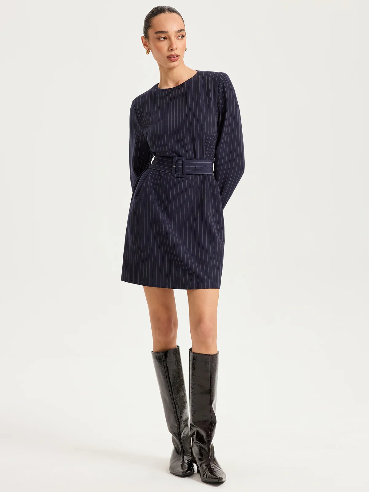 Long Sleeve Pinstripe Belted Mini Dress - Wholesalesil