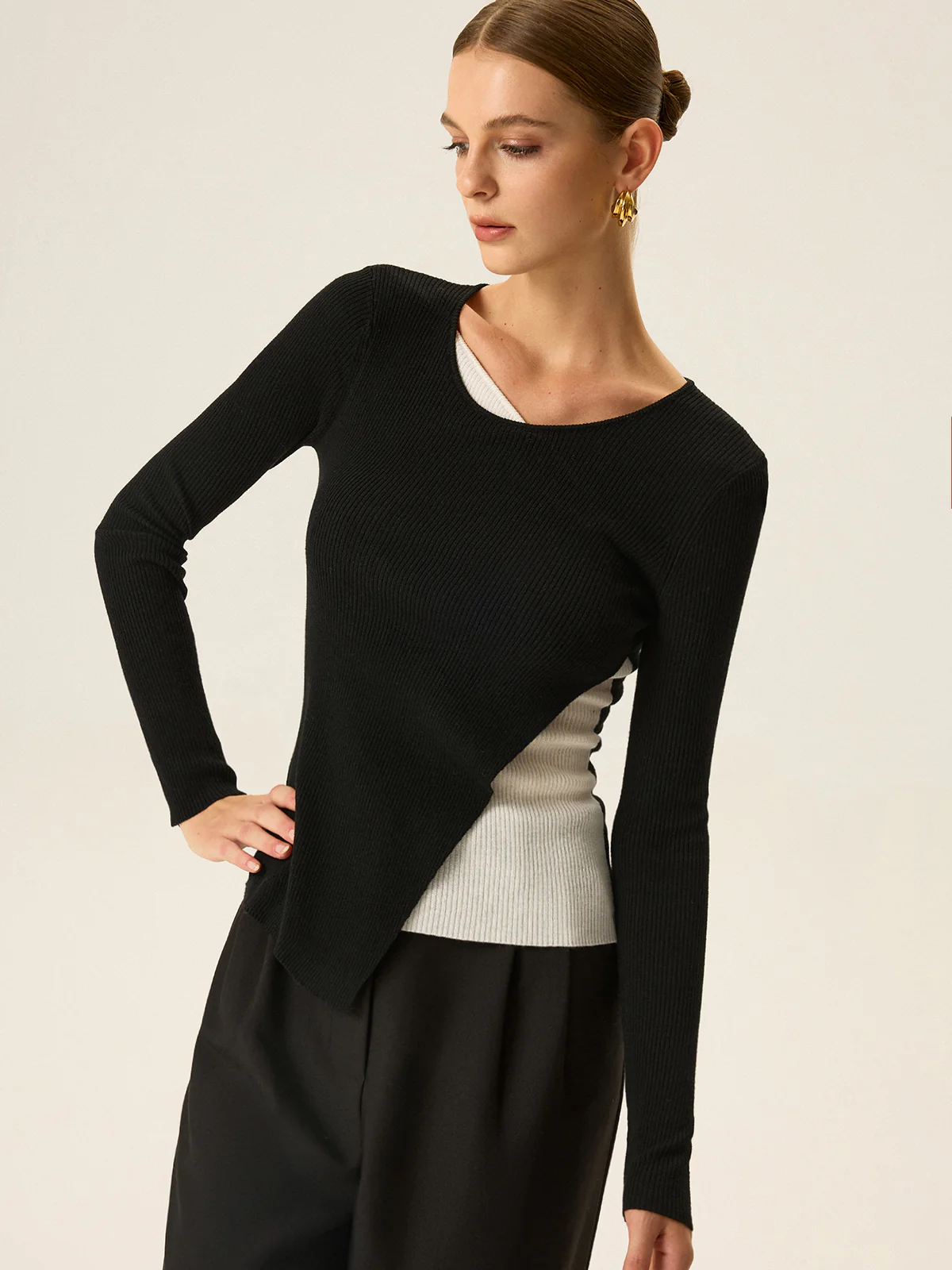 2 in 1 Color-Block Asymmetric Ribbed Knit Top - Wholesalesil