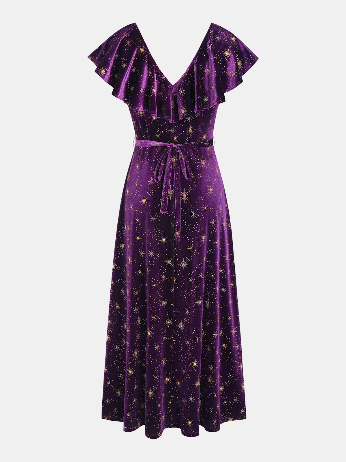 Ruffled V-Neck Star Print Velvet Midi Dress - Wholesalesil