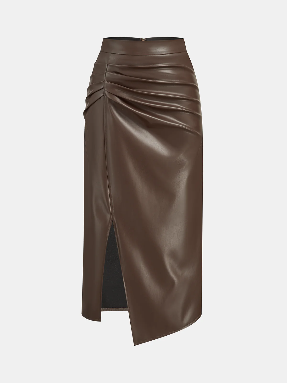 Ruched Slit PU Leather Midi Skirt - Wholesalesil