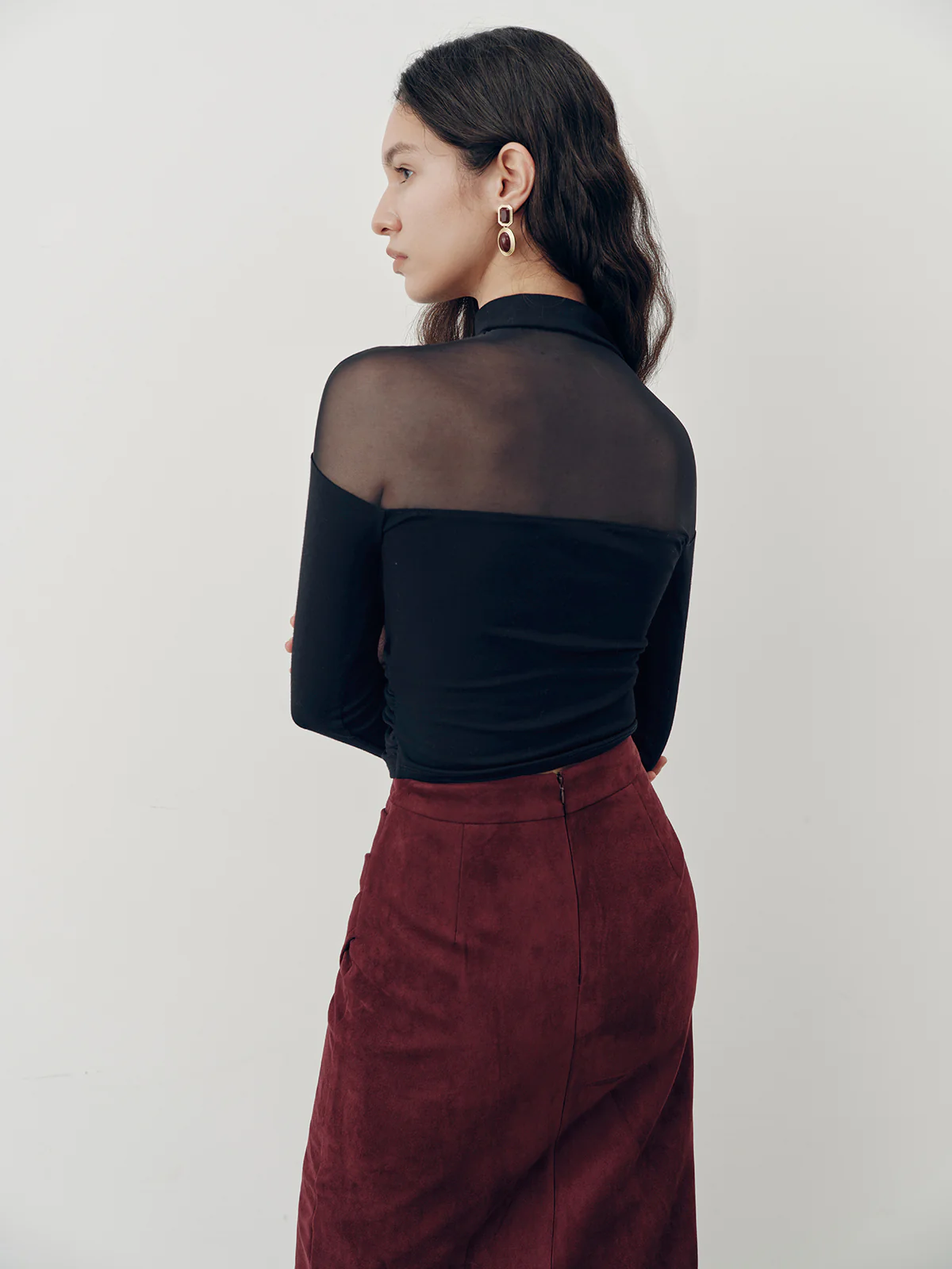 Sheer Mesh Panel Long Sleeve Top - Wholesalesil