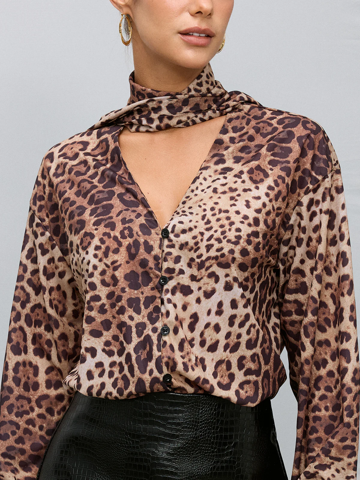 Tie Neck Leopard Print Long Sleeve Blouse - Wholesalesil