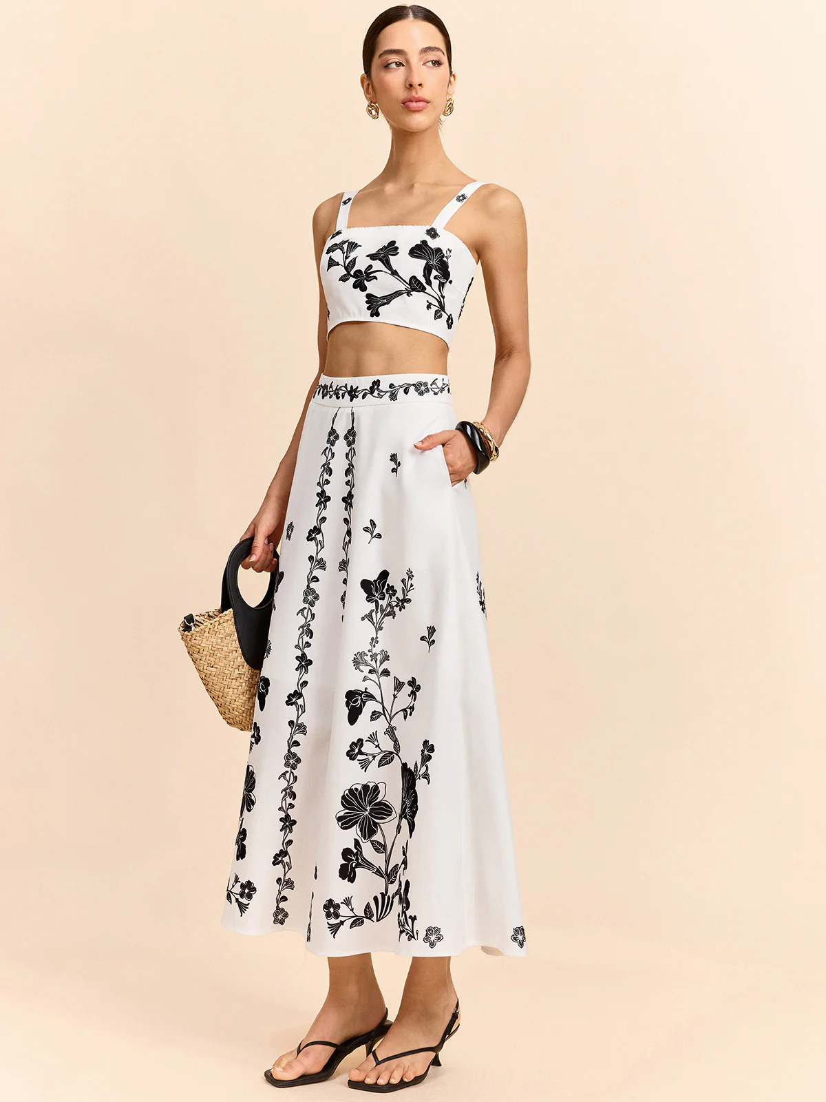 Floral Embroidered Crop Top and Midi Skirt Set - Wholesalesil