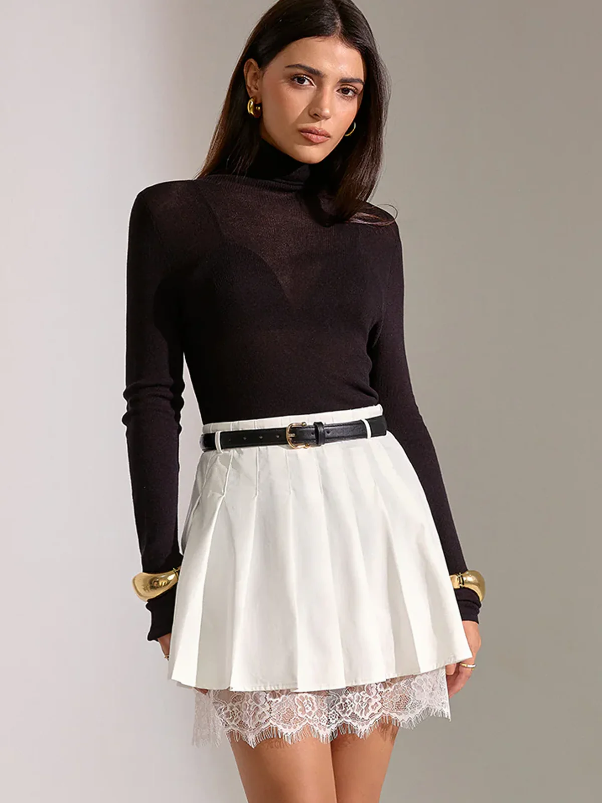 Lace Trim Pleated Mini Skirt - Wholesalesil