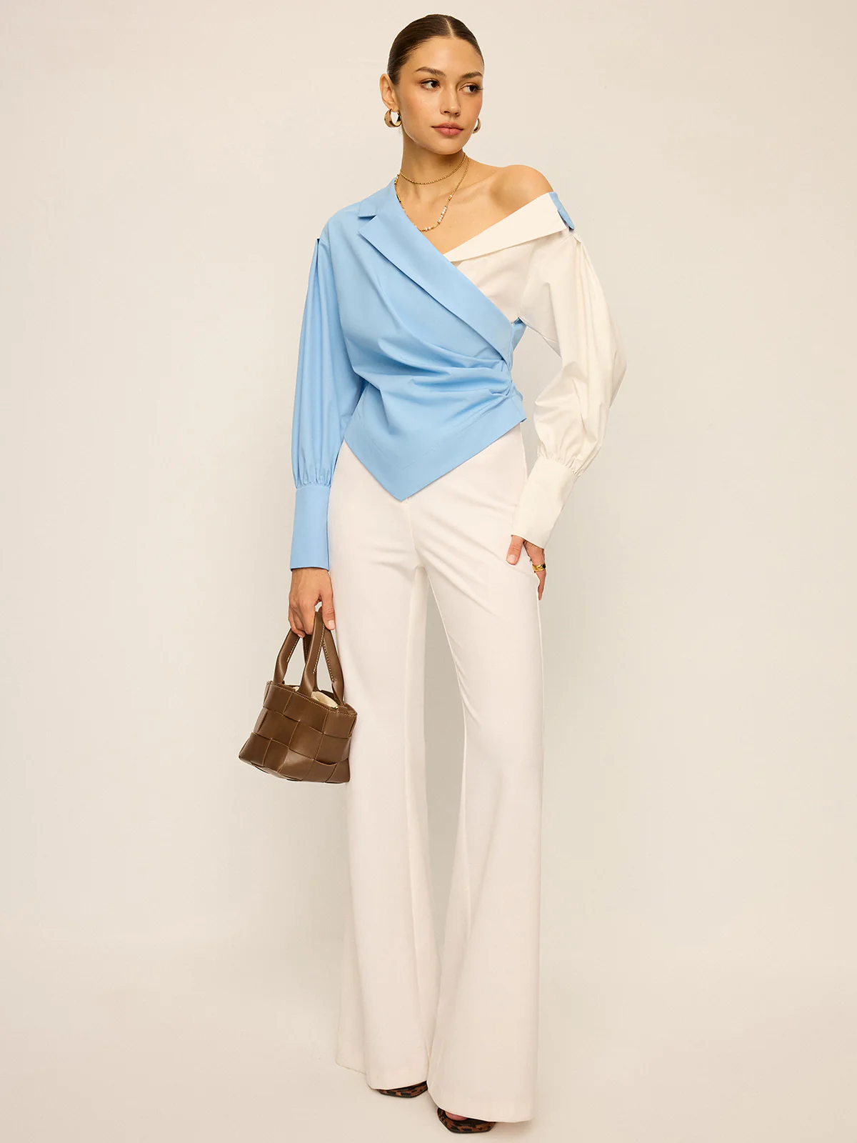 Two-Tone Asymmetric Off-Shoulder Shirt - Wholesalesil