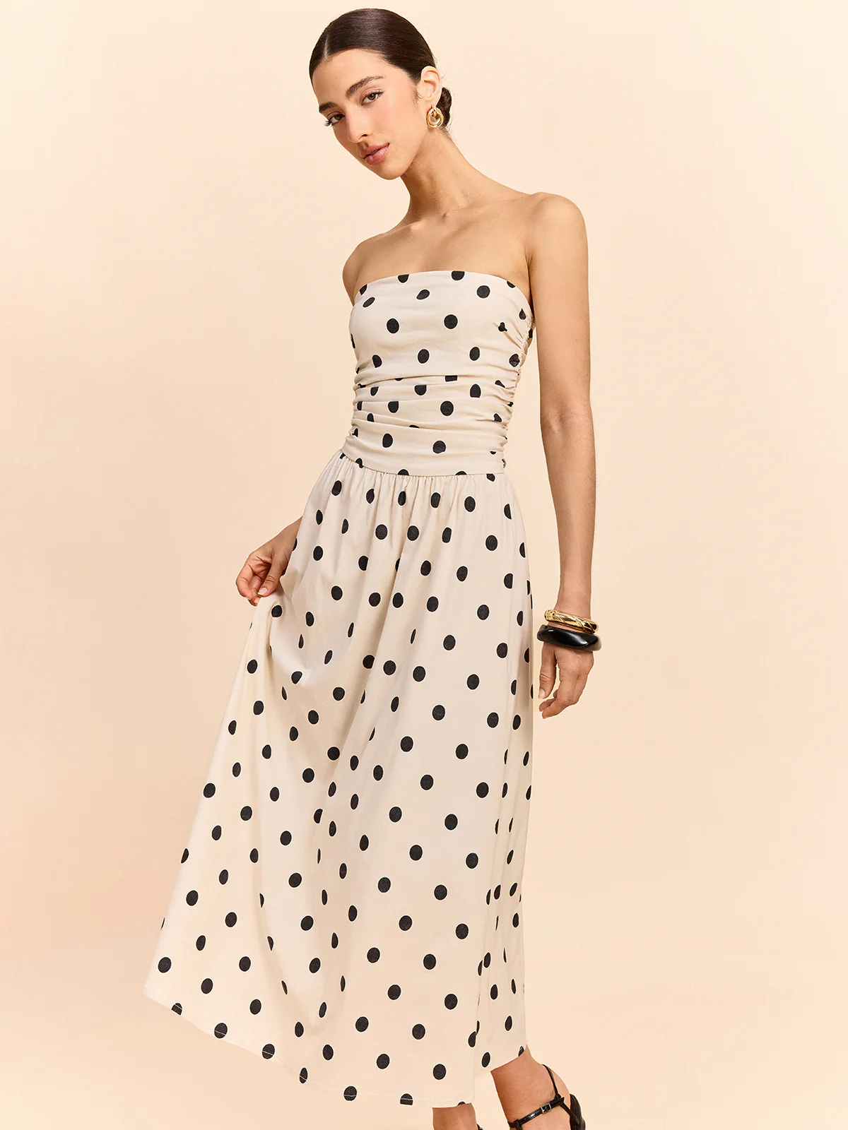 Strapless Polka Dot Ruched Midi Dress - Wholesalesil