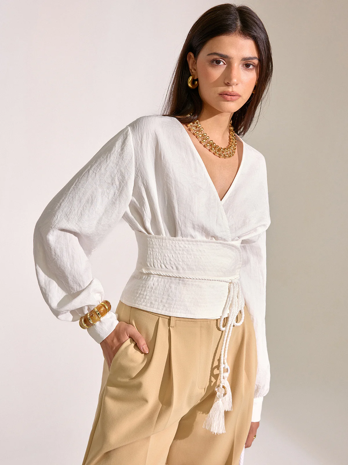 Cinched Waist Tassel Tie Wrap Blouse - Wholesalesil
