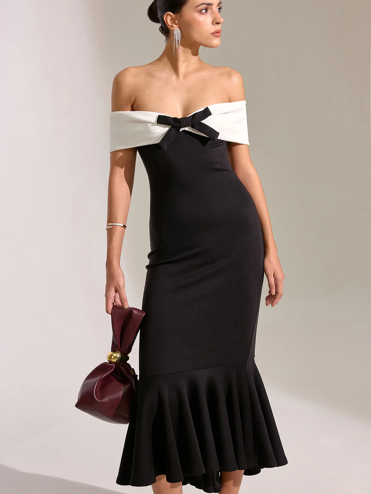 Bow Off-Shoulder Mermaid Midi Dress - Wholesalesil