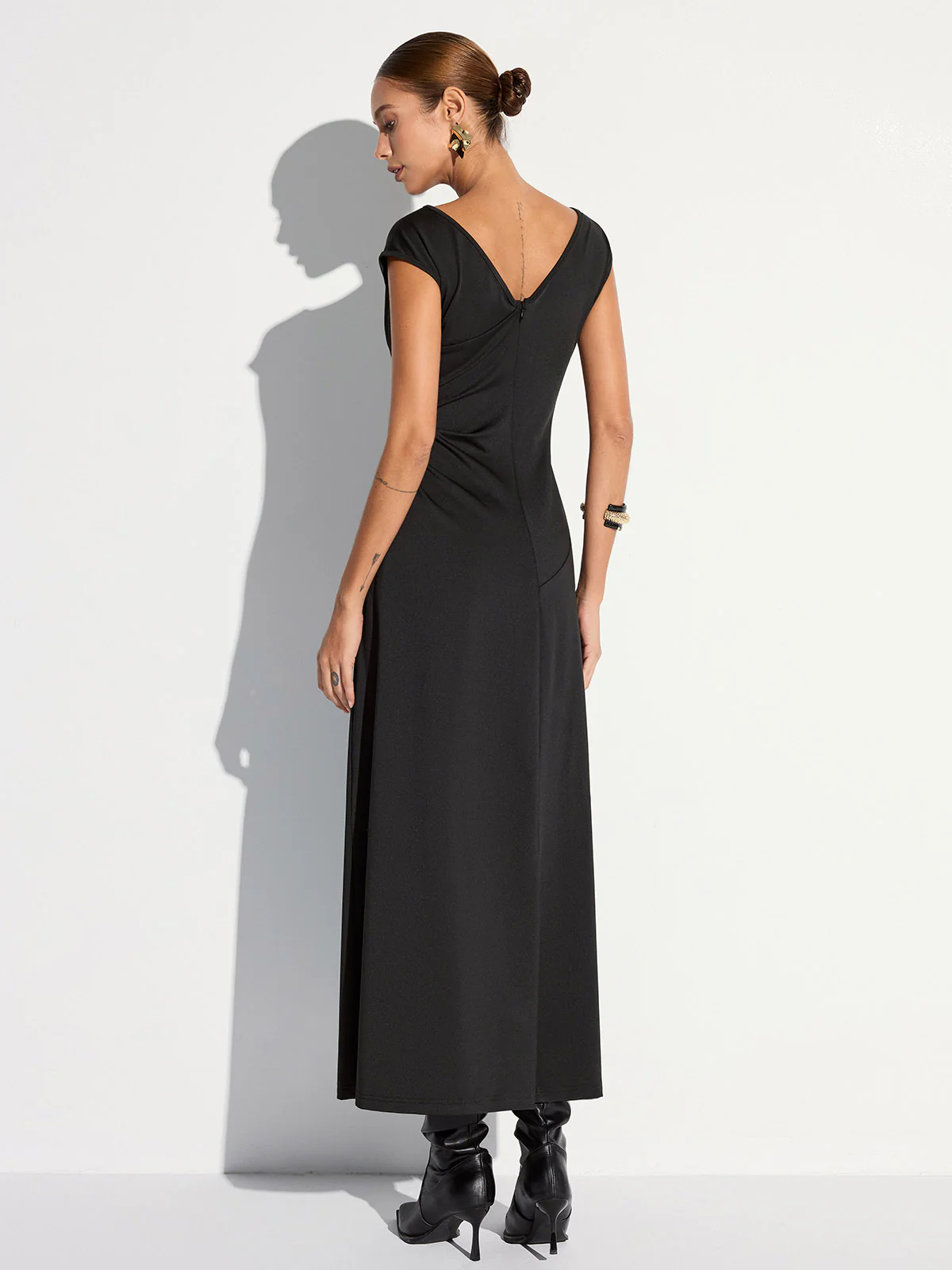 Cap Sleeve Ruched Backless Maxi Dress - Wholesalesil