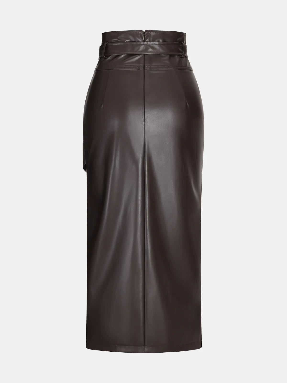Belted Faux Leather Ruched Slit Midi Skirt - Wholesalesil