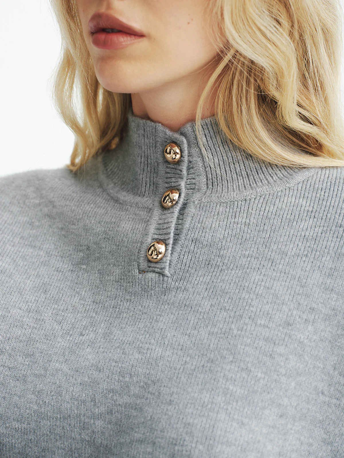 Button Detail Stand Collar Casual Sweater - Wholesalesil