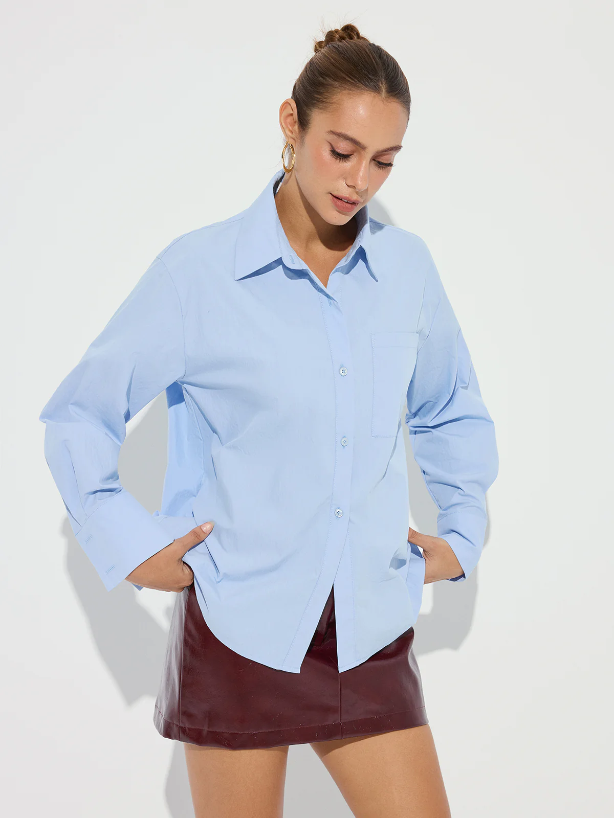 Collared Casual Long Sleeve Button-Down Shirt - Wholesalesil