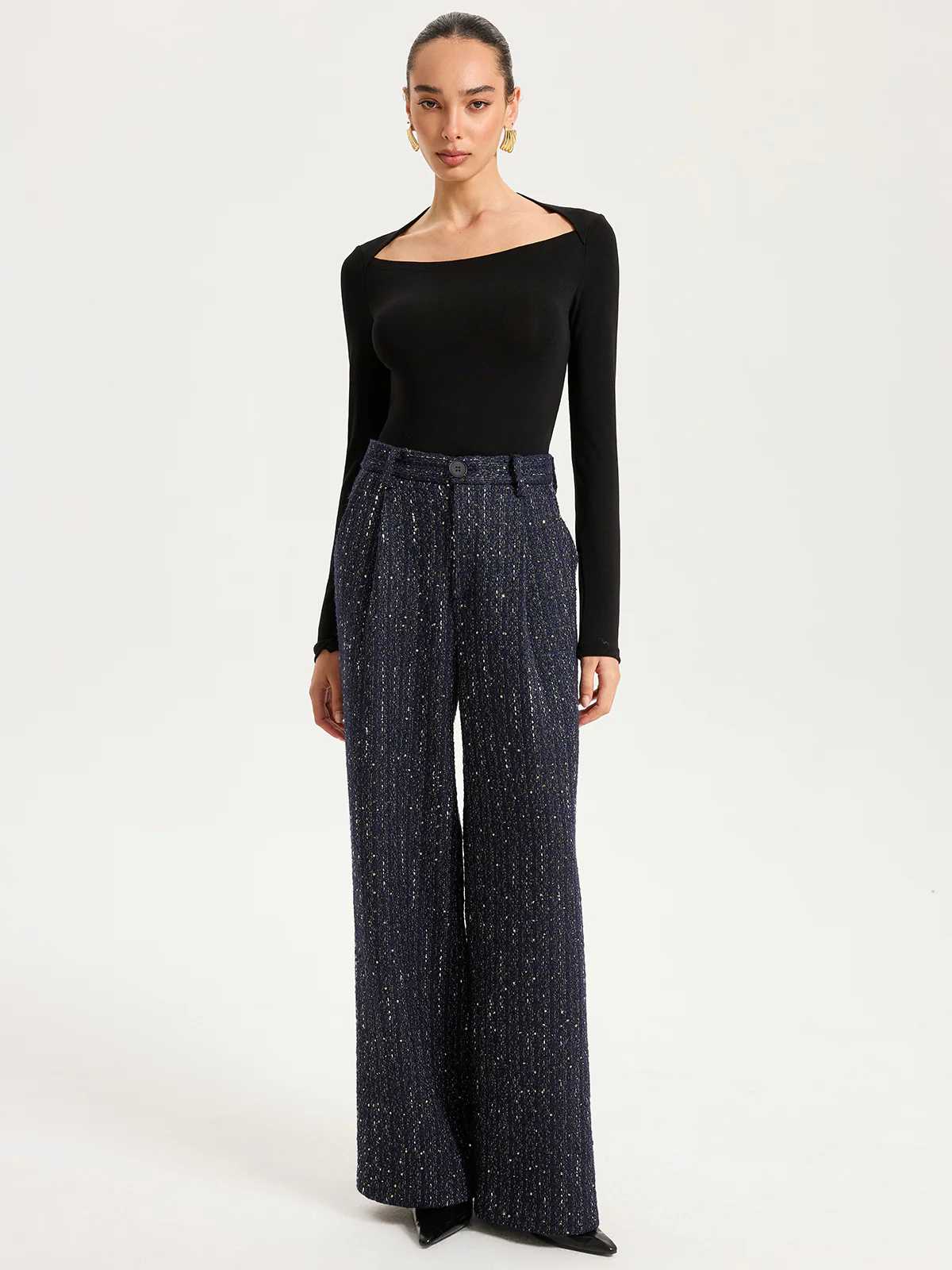 Mid-Waist Tweed Sequin Wide-Leg Pants - Wholesalesil