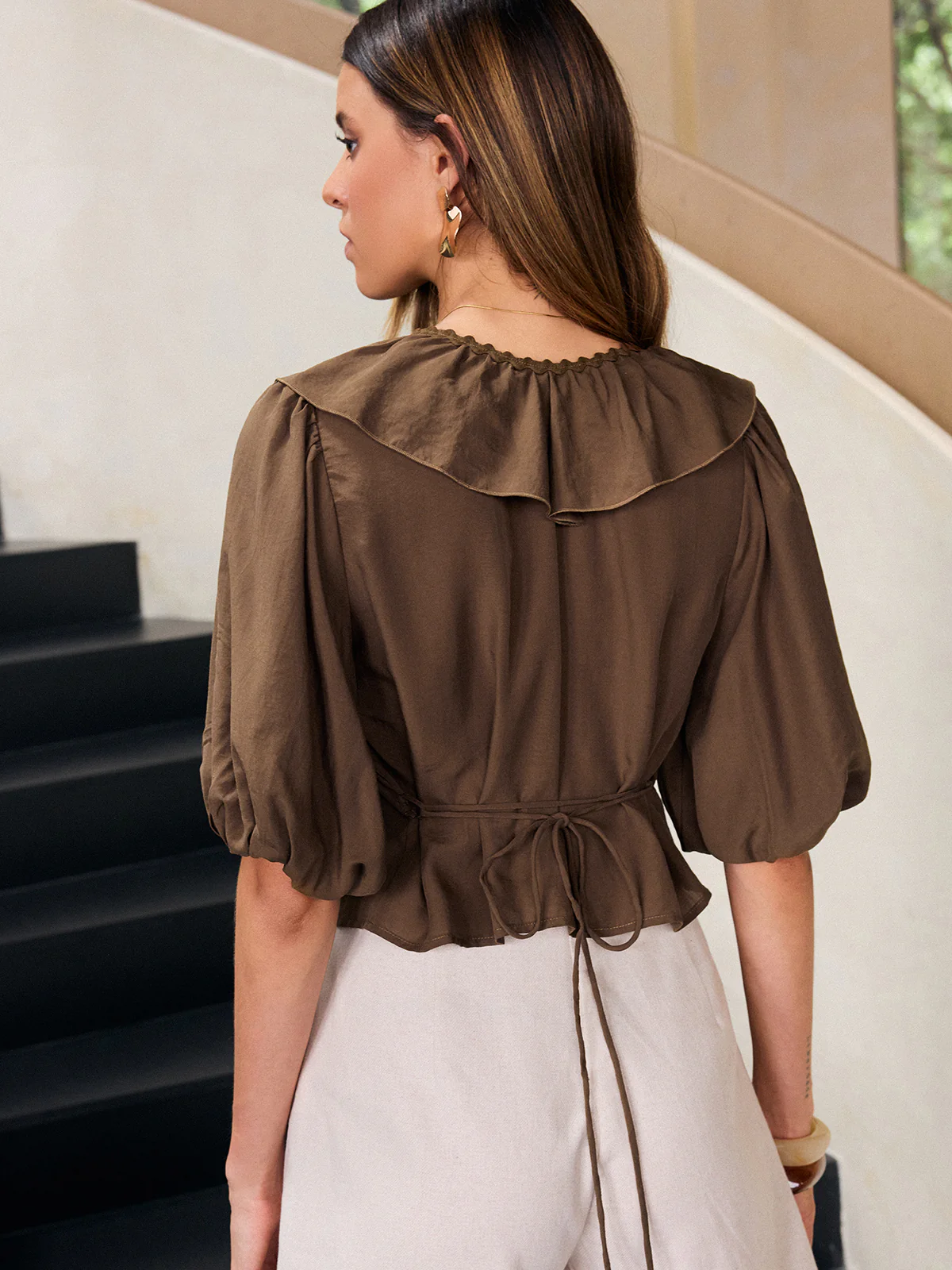 Ruffle V-Neck Puff Sleeve Tencel Blouse - Wholesalesil