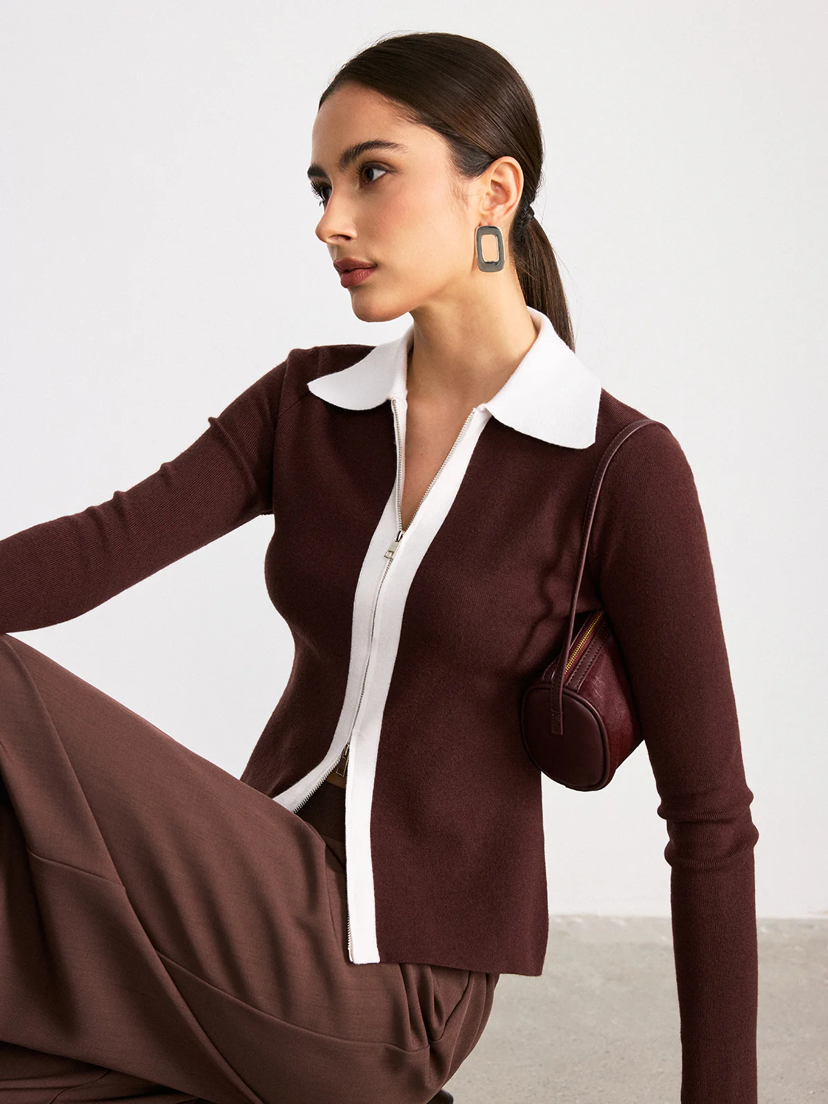 Contrast Collar Wool Blend Zip-Up Cardigan - Wholesalesil