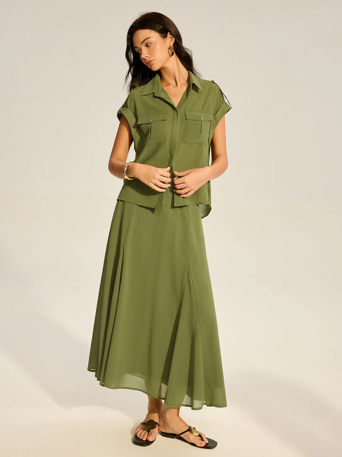 Rolled-Sleeve Pocketed Chiffon Shirt and Midi Skirt Set - Wholesalesil