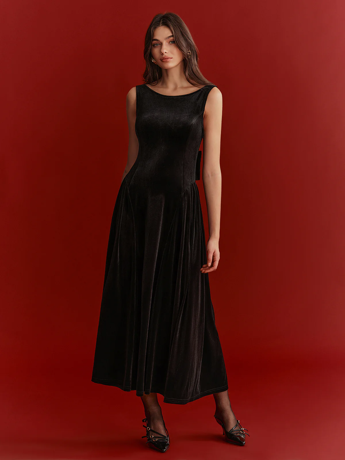 Mesh Back Bow Detail Velvet Maxi Dress - Wholesalesil