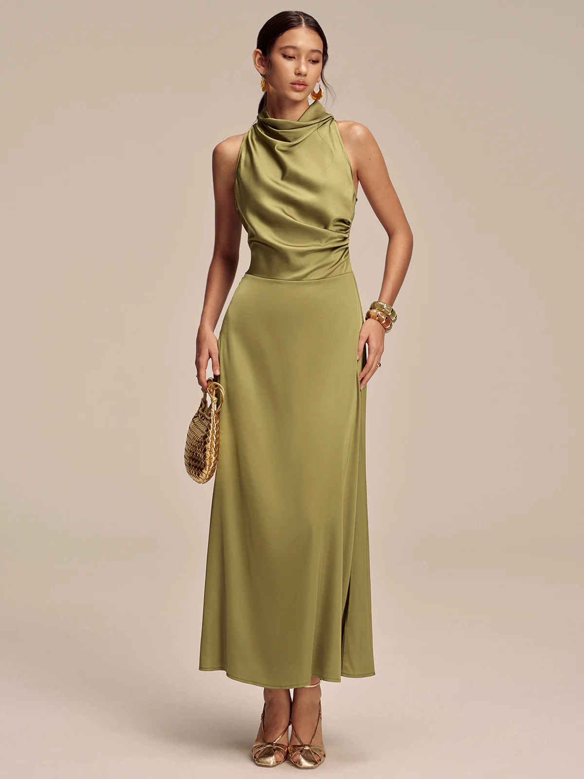 Satin Mock Neck Sleeveless Maxi Dress - Wholesalesil