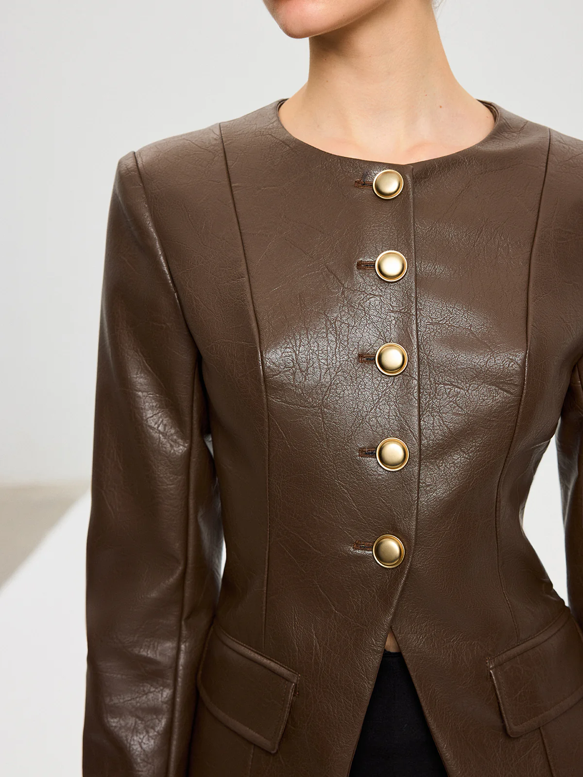 Metal Button Fitted PU Leather Jacket - Wholesalesil