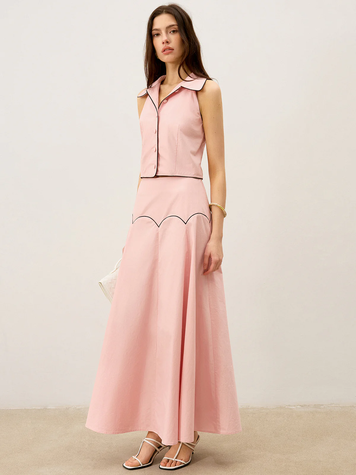 Contrast-Trim Maxi Skirt Set - Wholesalesil