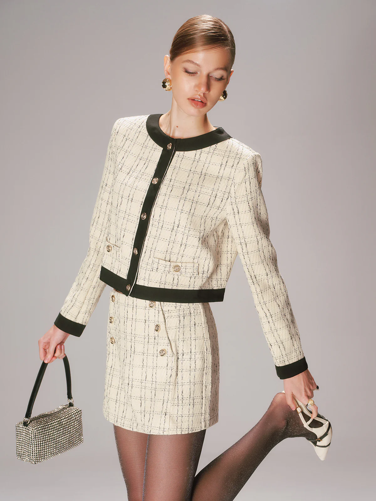 Contrast Trim Tweed Jacket and Shorts Set - Wholesalesil