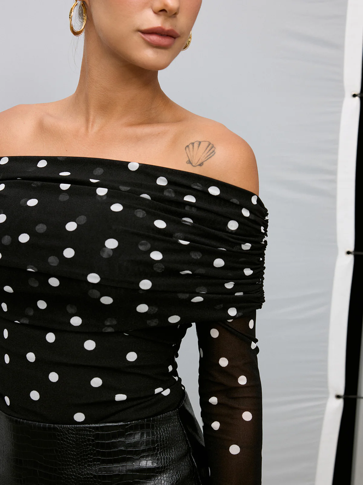 Off-Shoulder Polka Dot Chiffon Blouse - Wholesalesil