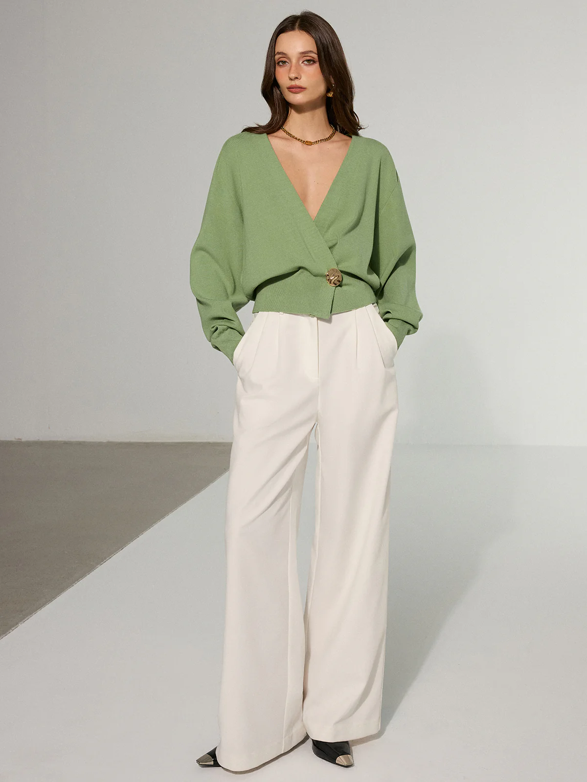 Metal Decor Waisted Knitted Wrap Cardigan - Wholesalesil