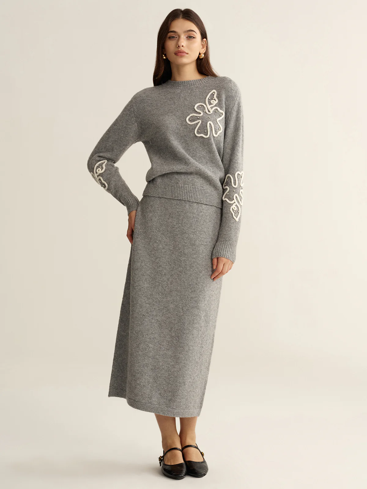 Floral Applique Sweater and Midi Skirt Set - Wholesalesil