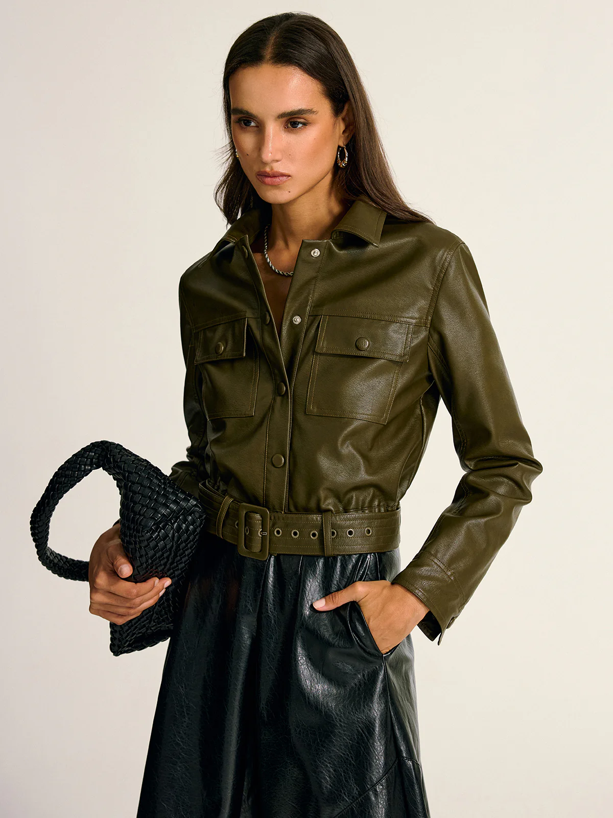 Belted PU Leather Cargo Shirt Jacket - Wholesalesil