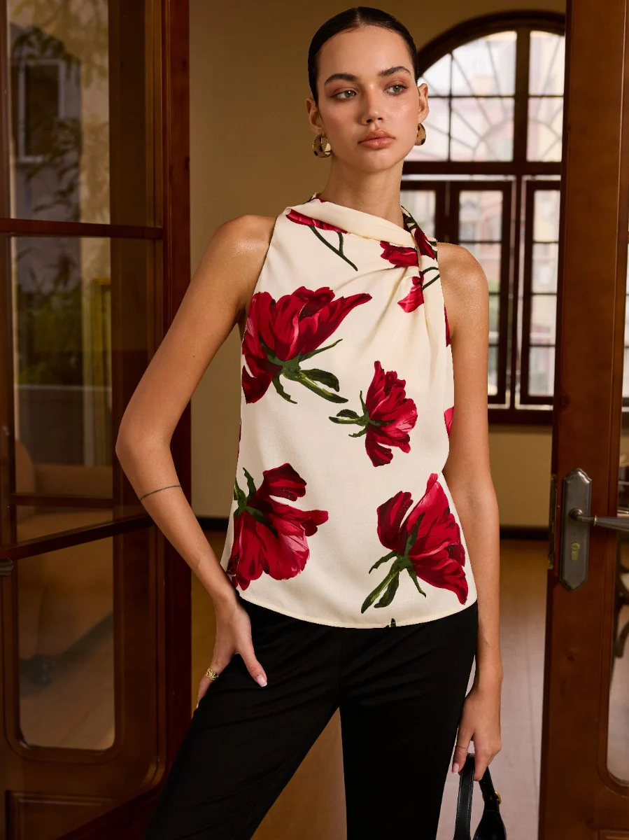 Floral Print Sleeveless Blouse with Knot Detail - Wholesalesil