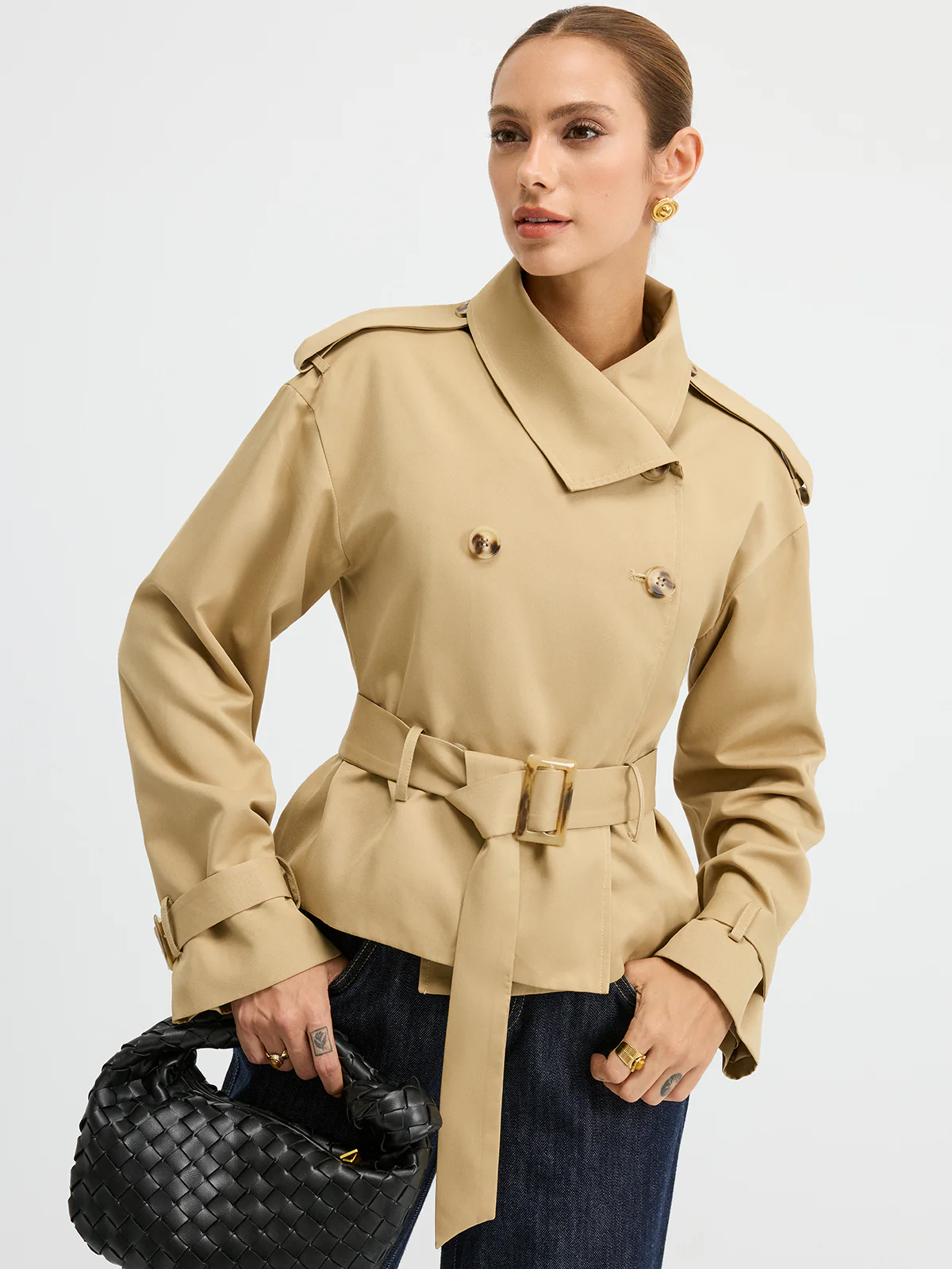 Double-Breasted Belted Trench Coat - Wholesalesil