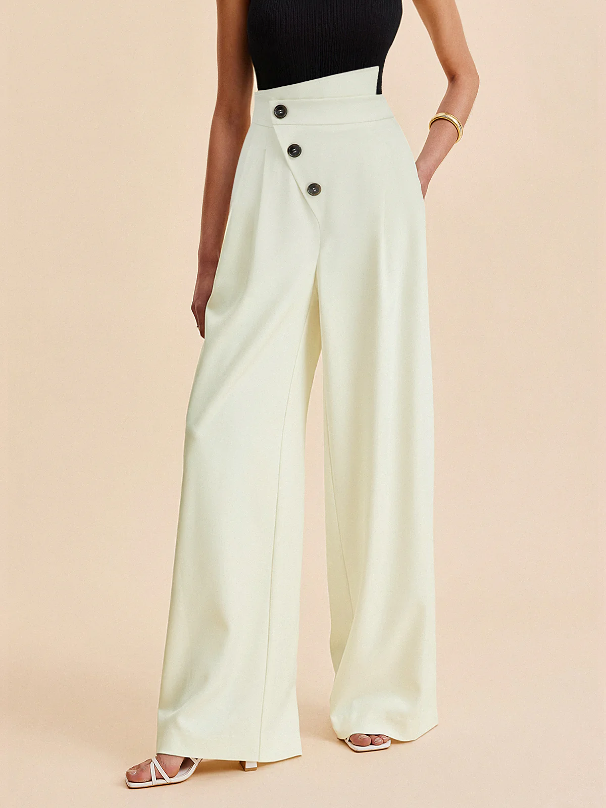 Asymmetric Button Mid-Waist Wide-Leg Pants - Wholesalesil