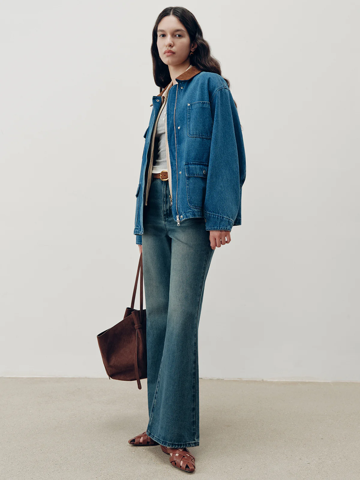 Suede Collar Zip-Front Denim Jacket - Wholesalesil