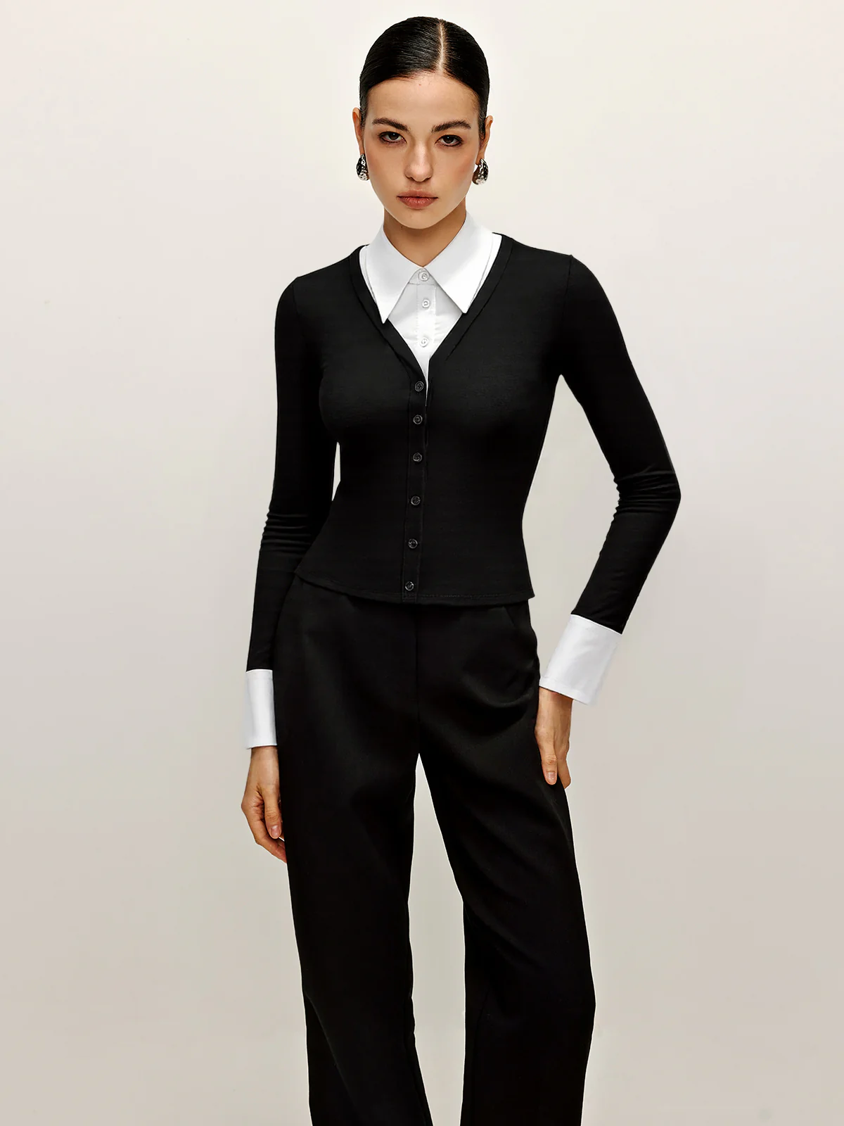 2 in 1 Contrast Collar and Cuff Shirt - Wholesalesil