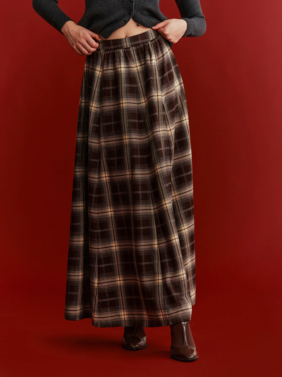 Plaid Flared Maxi Skirt - Wholesalesil